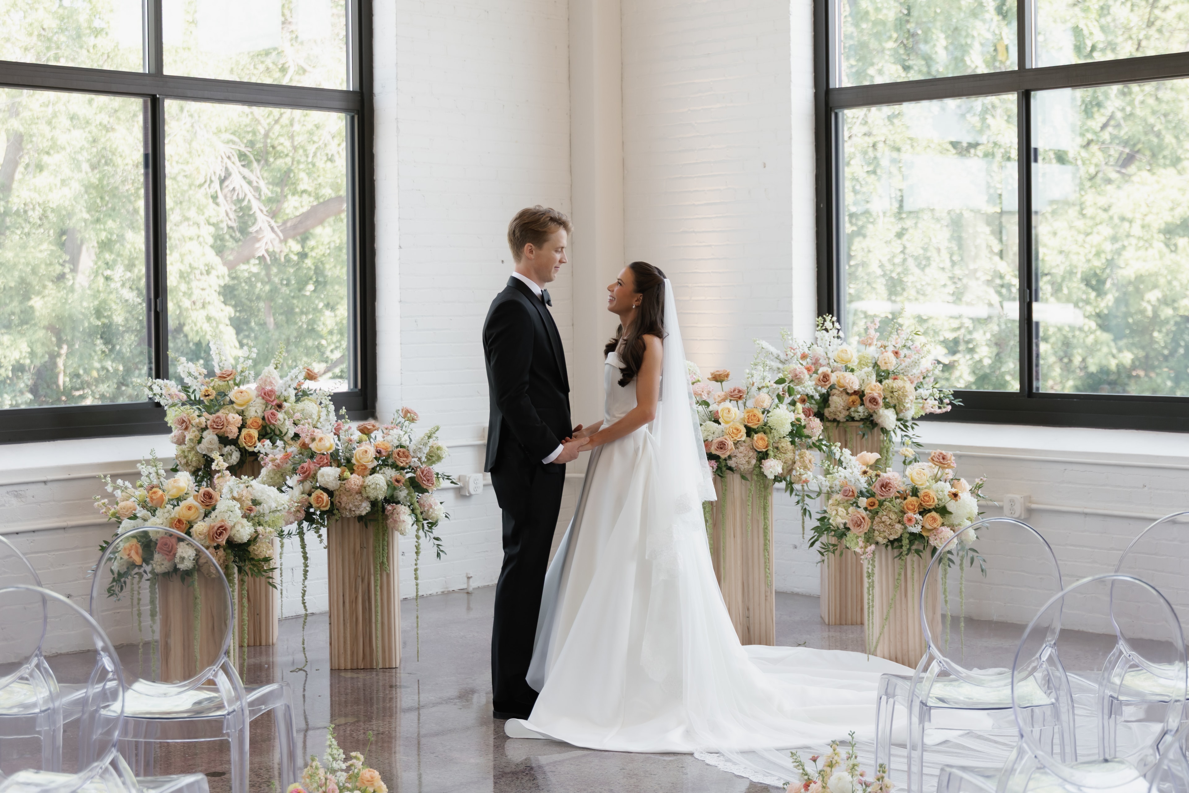 Bride and bridesmaids holding cascading bouquets — Lily & Chad