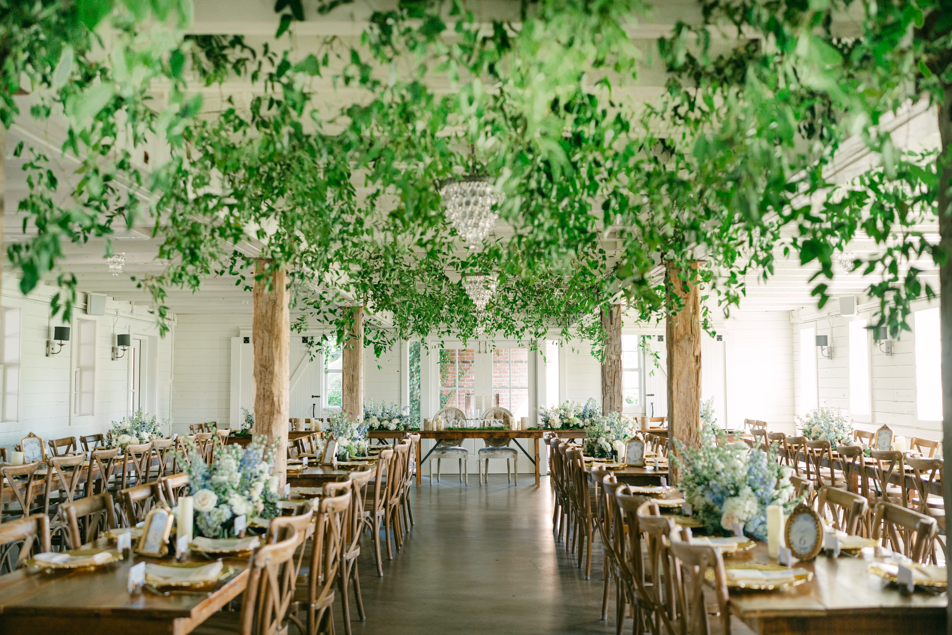Elegant wedding reception with hanging greenery — Redeemed Farm